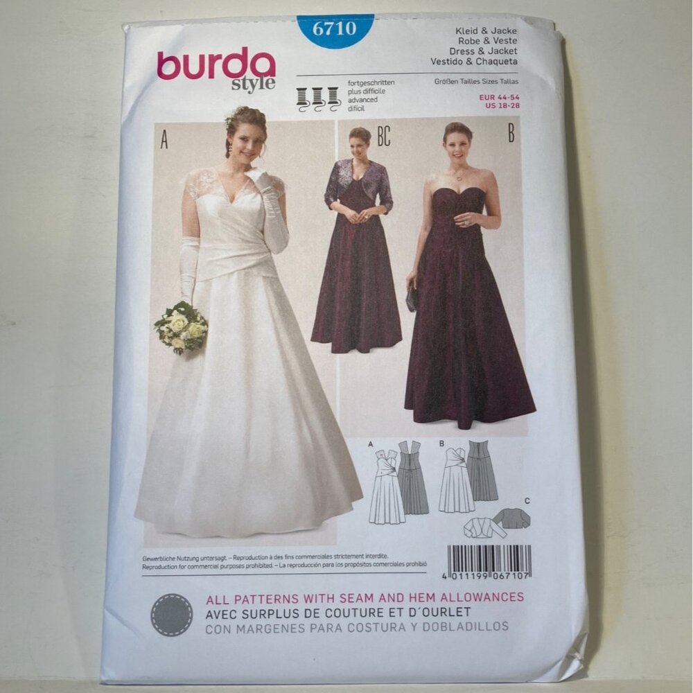 Burda 6710 Sz 18-28 Formal Strapless Dress Bolero Jacket Lace Up Back Pattern FF